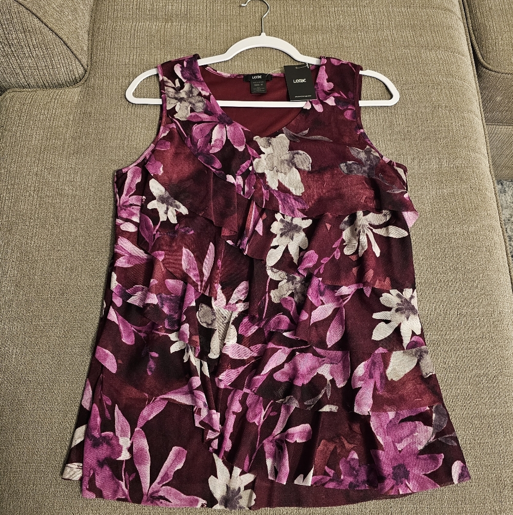 Leebe Dark Pink Purple Floral Casual Office Career Sleeveless Blouse Size Medium